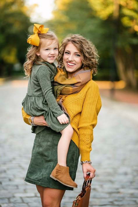 Mommy & Me in Mustard Yellow & Olive Green for Fall - Something Delightful Blog Yellow Family Pictures Outfit Ideas, Yellow Family Pictures, Yellow Family, Fall Photoshoot Family, Outfit Ideas Spring, Mustard Yellow Sweater, Mom And Daughter Matching, Family Photoshoot Outfits, Mother Daughter Outfits