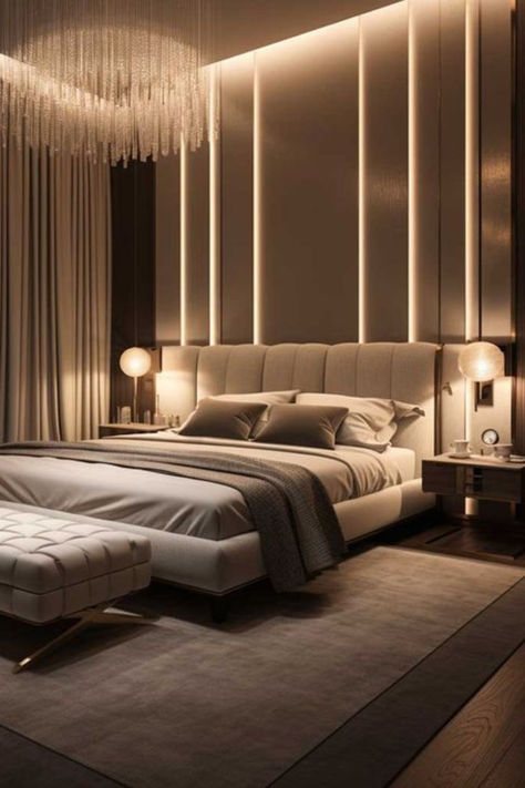 Get inspired by sophisticated lighting options that bring luxury to any bedroom decor Dubai Bedroom Interior Design, Ceo Bedroom, Dubai Bedroom, Penthouse Bedroom, बेडरूम डिजाइन, Luxury Headboard, Farmhouse Bedrooms, Luxurious Interior, Modern Luxury Bedroom