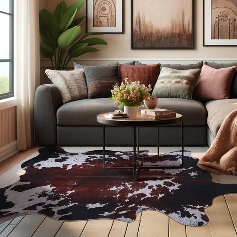 PRICES MAY VARY. [High-Quality Faux Cowhide Design]: Crafted with precision, this slim-profile rug boasts a high-density composition, emulating the luxurious feel of genuine cowhide. With a thickness of just 0.1 inches and weighing 3.4 pounds per square meter, it lays flat on the ground, offering a seamless blend with its surroundings while providing the tactile sensation akin to real cowhide. [Easy to Clean Faux Cowhide Design]: Effortlessly maintain the pristine appearance of this faux cowhide Chic Western Living Room, Brown Cow Hide Rug Living Room, Modern Ranch House Decor, Faux Cowhide Throw Rug, Office Cowhide Rug 9x12, Western Chic Living Room, Western Living Room Ranch Style, Minimalist Bohemian Living Room, Cow Hyde Living Room Rug