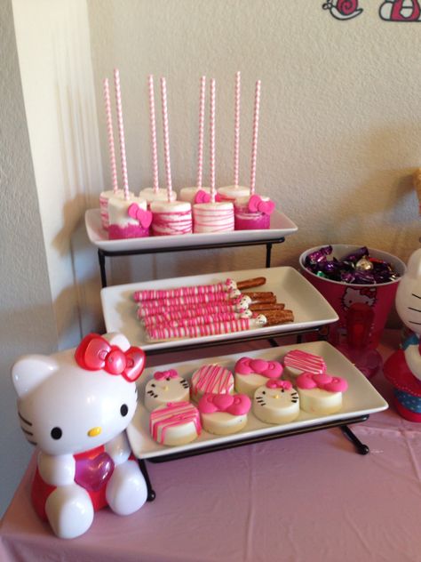 21st Birthday Ideas Hello Kitty, Hello Kitty Desserts Table, Hello Kitty Themed Desserts, Hello Kitty Pretzel Rods, Hello Kitty Theme Party Decoration Diy, Hello Kitty 18th Birthday Party, Hello Kitty Picnic Party, Hello Kitty 2nd Birthday Party Ideas, Pink Hello Kitty Birthday Party