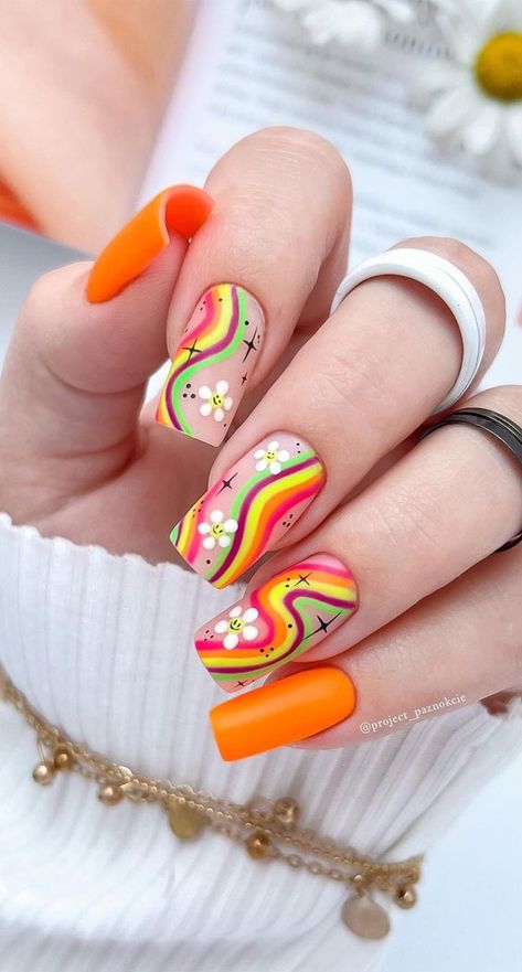 groovy nails, summer nails, bright summer nails, summer nails acrylic, summer french tip nails Groovy One Nails, Groovy Green Nails, 60s Nails 1960s, 70s Vibe Nails, Groovy Nails Art Designs, Nails Festival Summer, 70s Aesthetic Nails, Groovy Acrylic Nails, Multicolor Nail Art Designs