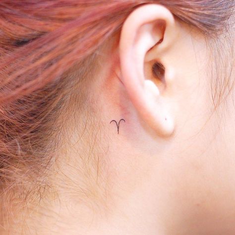 Aries tattoo by @wittybutton_tattoo Tattoos For Women Behind Ear, Aries Symbol Tattoos, Unique Tattoos Black Women, Aries Tattoos, Ear Ideas, Aries Symbol, Behind Ear Tattoos, Tattoo Behind Ear, Zodiac Sign Aries