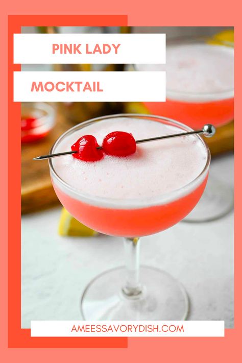 Master the art of mocktails with this booze-free Pink Lady Mocktail recipe! This mocktail is made with non-alcoholic apple cider, fresh lemon juice, grenadine, egg whites, and sparkling mineral water; this is the perfect fizzy and flavorful pink drink for your next party or just for fun! Celebrate with friends and family at any event! Grenadine Mocktails, Pink Mocktails Non Alcoholic, Drinks With Grenadine, Amazing Cocktails, Valentines Snacks, Sparkling Mineral Water, Apple Drinks, Pink Lady Apples, Make Ahead Appetizers