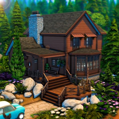 May on Instagram: “Forest Cabin ⛰️🎣🐻🌲 Hello, friends 💛 I recently went on a little pack restricted craze, and one of the builds I've done is this rental…” Sims 4 Forest Cabin, Sims 4 Cabin Build, Log Cabin Sims 4, Sims Cabin House, Sims 4 Wooden House, Sims 4 Cosy House, Sims 4 Mountain House, Sims 4 Log Cabin, Sims 3 Builds