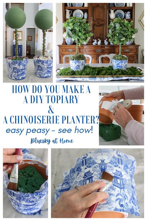 How to Make a Chinoiserie Planter for a Handmade Topiary. Follow these instructions to decoupage a terra cotta planter to look like a piece of chinoiserie. Then use styrofoam balls and greenery to make topiaries from scratch. Use this creation to bring color, pattern and style to your home. Chinoiserie Diy, Diy Chinoiserie, Terra Cotta Pots Garden, Chinoiserie Planter, Country Colonial, Topiary Diy, Chinoiserie Decor, Chinoiserie Pattern, Orchid Centerpieces