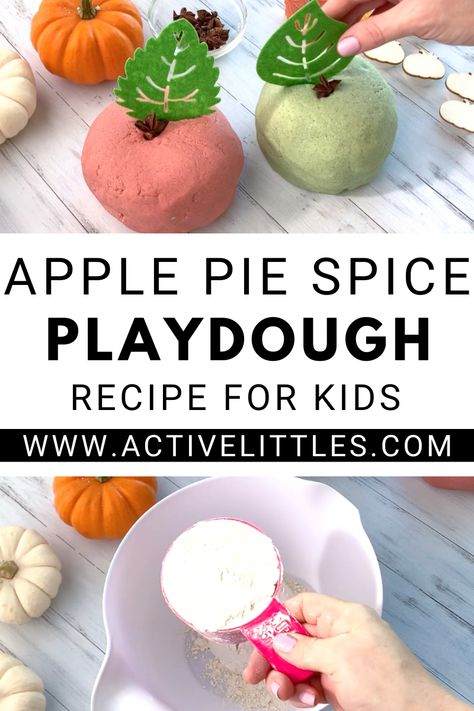 This DIY scented Playdough recipe is perfect for the holidays! Its easy to make and fun for toddlers, preschoolers and kindergarteners to enjoy with some creative play! No Cook Apple Playdough, Apple Pie Playdough Recipe No Cook, No Cook Apple Pie Playdough, Easy Play Doh Recipe, Apple Pie Playdough, Preschool Playdough, Best Playdough Recipe, Kindergarten Center, Cooked Playdough