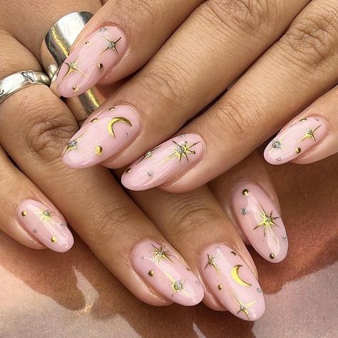 Moon Stars Nails, Moon And Star Nail Designs, Stars And Moon Nails, Star And Moon Nails, Moon Star Nails, Moon And Stars Nails, Moon And Star Nails, Gold Star Nails, Star Nail Designs