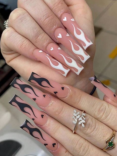 Y2K Elevate Your Style With,24pcs Long Square White Black Flame & Heart Design Fake Nail Set,Contain 1pc Jelly Glue And 1pc Nail File Press On Nails Nail Supplies Multicolor    ABS,PET,Carborundum  Color Nails   Nail,Hand & Foot Care, size features are:Bust: ,Length: ,Sleeve Length: Healthy Abs, Dope Nail Designs, White Nail Designs, Long Square Acrylic Nails, Her Nails, Unique Acrylic Nails, White Nail, Square Acrylic Nails, Fire Nails