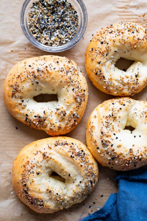 Greek Yogurt Bagels (14 Grams of Protein) - iFoodReal.com Grain Free Bagels, Air Fryer Bagels Greek Yogurt, Protein Bagels With Greek Yogurt, Cottage Cheese Bagels, High Protein Bagels, Cinnamon Bagel, Greek Yogurt Bagels, Greek Yogurt Bread, Whole Wheat Bagels