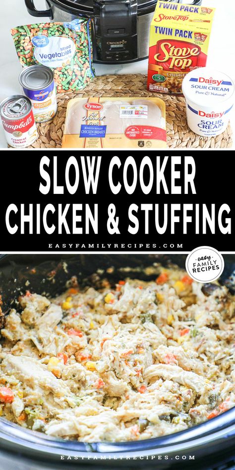 Crock Pot Chicken and Stuffing Casserole Chicken Crockpot Recipes Meal Prep, Chicken With Stuffing In Crockpot, Dump Chicken Casserole, Chicken Stuffing Crockpot Recipes, Chicken And Stuffing Casserole Crockpot, Crockpot Stuffing Chicken, Crock Pot Dump Recipes, Crockpot Chicken Meal Prep, Chicken Stuffing Crockpot