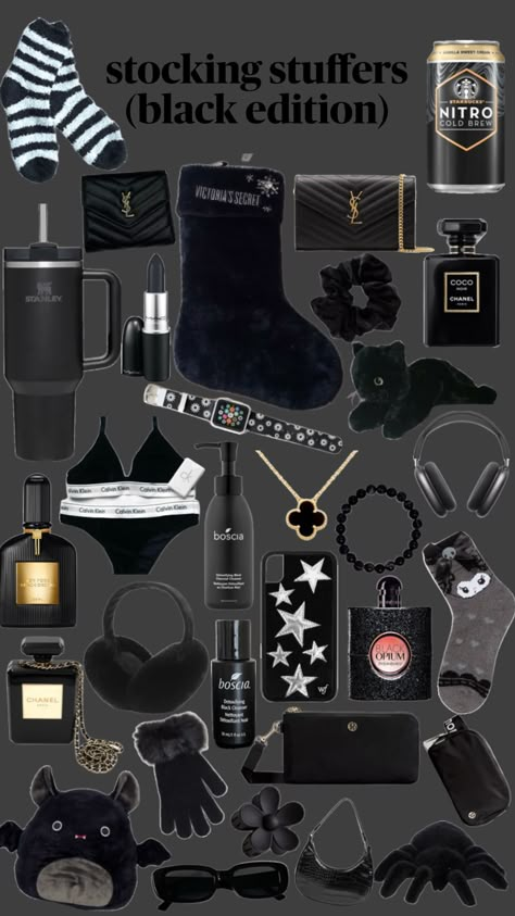 black stocking stuffers #fashion #winter #christmas #aesthetic Winter Christmas Aesthetic, Black Cat Aesthetic, Black Stocking, Aesthetic Shuffles, Best Gift Baskets, Creepy Christmas, The Glow Up, Holiday List, Gothic Aesthetic