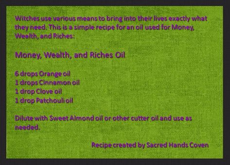 Money, Wealth, and Riches Oil Protection Oils, Wicca Oils, Money Oil Recipe, Money Magick, Magical Oils, Money Oil, Witch Recipes, Magick Oil, Hoodoo Oils