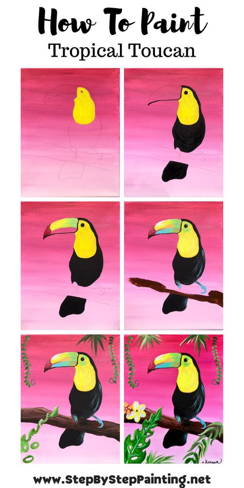 Toucan Painting Easy, Toucan Acrylic Painting, How To Draw A Toucan, Toucan Art For Kids, Sip And Paint Ideas For Kids, Paint Ideas Step By Step, Tropical Painting Ideas, Sip And Paint Ideas For Beginners, Toucan Drawing