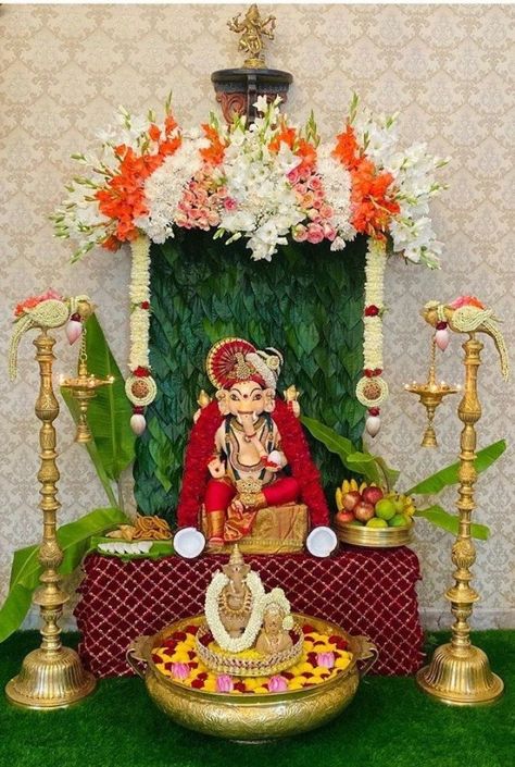 40 DIY Recycling Ganpati Pooja Decoration Ideas - Hobby Lesson Pasupu Decor, Chaturthi Decoration Ideas, Ganesh Chaturthi Decoration Ideas, Gauri Decoration, Flower Decoration For Ganpati, Ganpati Decoration Theme, Ganesh Pooja, Lakshmi Pooja, Mandir Decoration