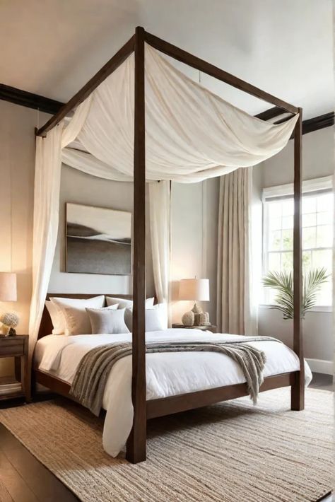 Serene bedroom with airy canopy bed and natural textures Neutral Apartment Decor, Opulent Bedroom, Mediterranean Bedroom, Black Bedroom Decor, Guest Bedroom Makeover, Canopy Bedroom, Apartment Bedroom Decor, Brown Bedroom, Master Decor