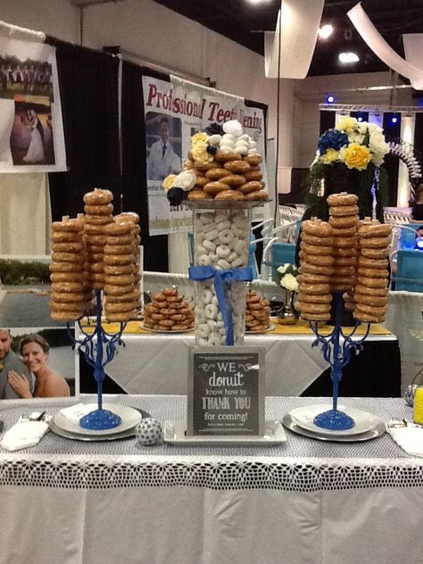 Donut display, take home favors, bridal show display Police Party Decorations, Donut Station, Police Academy Graduation Party, Academy Graduation Party, Donut Bar Wedding, Police Wedding, Police Retirement Party, Police Birthday Party, Banquet Centerpieces