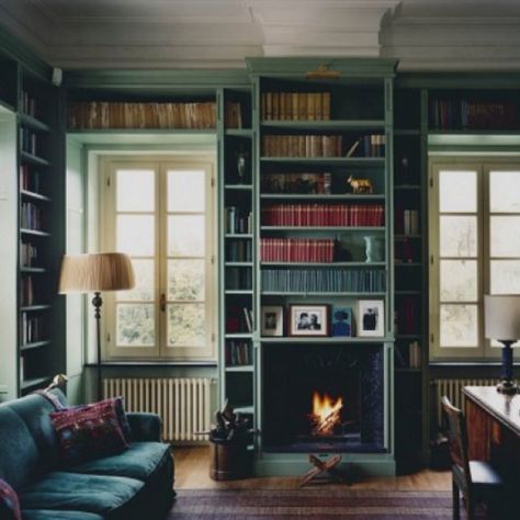 Dark green library Home Tumblr, Beautiful Home Library, Library With Fireplace, Green Library, Painted Bookshelves, Fireplace Bookshelves, Home Library Design, Home Libraries, Library Design