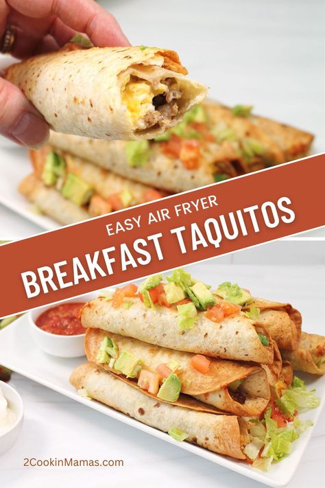 Start your day on a flavorful note with our Air Fryer Breakfast Taquitos! Enjoy the crunch of golden tortillas stuffed with savory breakfast sausage, light and airy scrambled eggs, and a whole lot of melted cheese. Quick, easy, and irresistibly delicious—these taquitos are so easy, you'll have a delicious breakfast in your hand in less than 20 minutes! #airfryertaquitos Tortilla Bowl In Air Fryer, Sausage Egg Tortilla, Breakfast Taquitos Air Fryer, Air Fry Tortillas, Air Fryer Tostadas, Air Fryer Breakfast Ideas, Egg Taquitos, Breakfast Ideas Air Fryer, Breakfast Fajitas