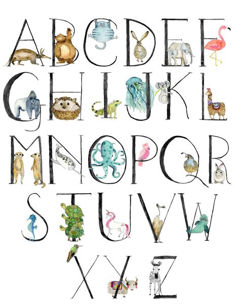 This adorable, handmade, watercolor Alphabet print is the perfect addition to your playroom, nursery, or even for a teacher. Each letter of the alphabet comes with a corresponding animal. Watercolor Alphabet, Childrens Alphabet, Animal Printables, Alphabet Nursery, Alphabet Kindergarten, Playroom Nursery, Alphabet A, Animal Letters, Tile Crafts