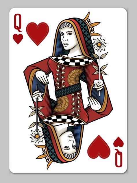 Queen Card Design, Lotusblume Tattoo, Queen Of Hearts Tattoo, Queen Of Hearts Card, Queen Card, Playing Cards Art, Playing Cards Design, Architecture Art Design, Design Illustrations