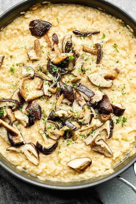 Vegan Mushroom Risotto is perfect for date night. Simple dairy free ingredients and tender mushrooms elevate every bite of the creamy rice for a truly comforting and earthy dish! Risotto Vegan, Vegan Mushroom Risotto, Vegan Creamer, Nora Cooks, Vegan Risotto, Recipes From Scratch, Vegan Mushroom, Vegan Parmesan Cheese, Creamy Rice