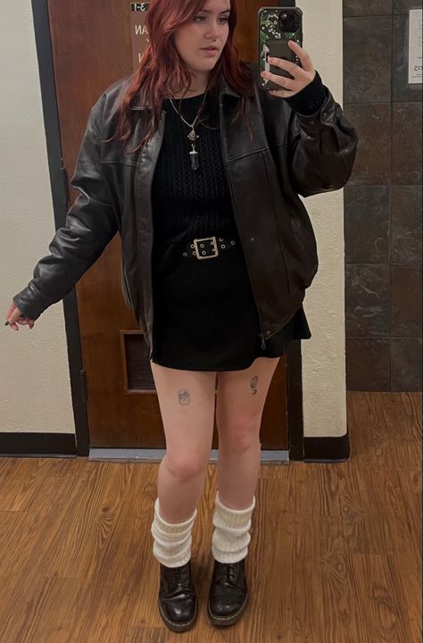 Mid Size Leather Jacket Outfit, Doc Martens Plus Size, Leather Jacket Outfit Plus Size, Leather Jacket And Skirt Outfit, Brown Doc Martens Outfit, Jacket And Skirt Outfit, Outfit With Leg Warmers, Outfits With Leg Warmers, Leg Warmer Outfit