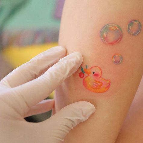 Rubber Duckie Tattoo, Rubber Duck Tattoo, Lil Tattoos, Print Making Designs, Snow Tattoo, Duck Tattoos, Colorful Tattoos, Timeless Tattoo, Small Butterfly Tattoo