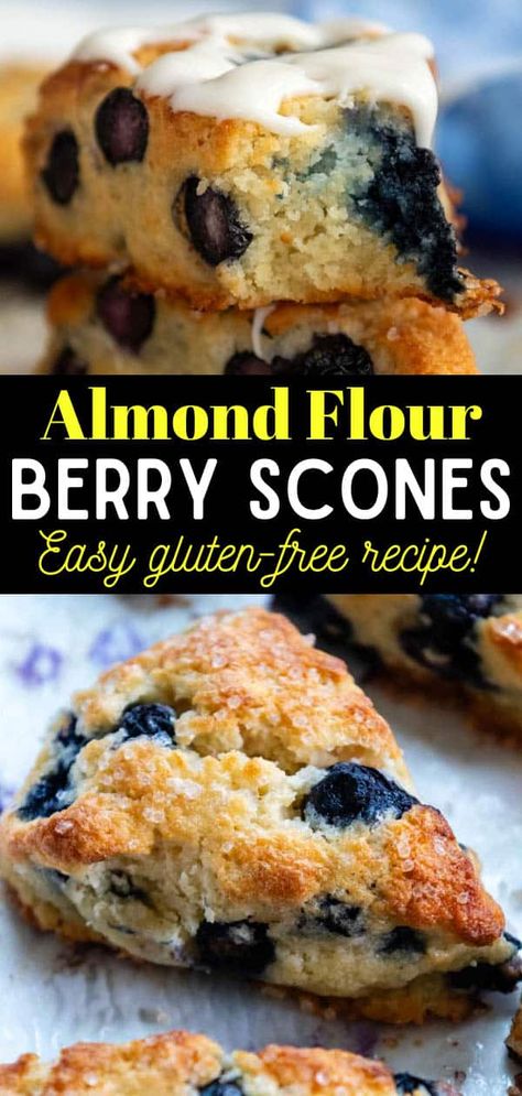 Taste ultimate gluten-free success with these tender, fluffy scones made with almond flour. Blueberry almond flour scones are easy enough for a novice, but yield bakery-style results with the crisp, chewy edges, a buttery, nutty taste, and light texture thanks to a magical simple ingredient! Almond Flour Raspberry Scones, Healthy Scones Recipe Clean Eating, Paleo Scones Recipe, Almond Flour Scones Recipe, Almond Flour Breakfast Recipes, Scones With Almond Flour, Nutty Desserts, Almond Flour Scones, Paleo Scones