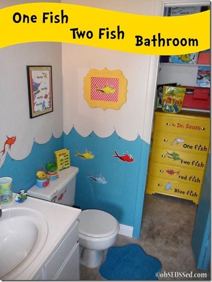 One Fish Two Fish, Dr. Seuss style bathroom and dresser Daycare Bathroom Ideas, Daycare Bathroom, Organization Drawers, Home Daycare Ideas, Bathroom Dresser, Fish Bathroom, Daycare Decor, Bathroom Plan, Bathroom Wall Panels