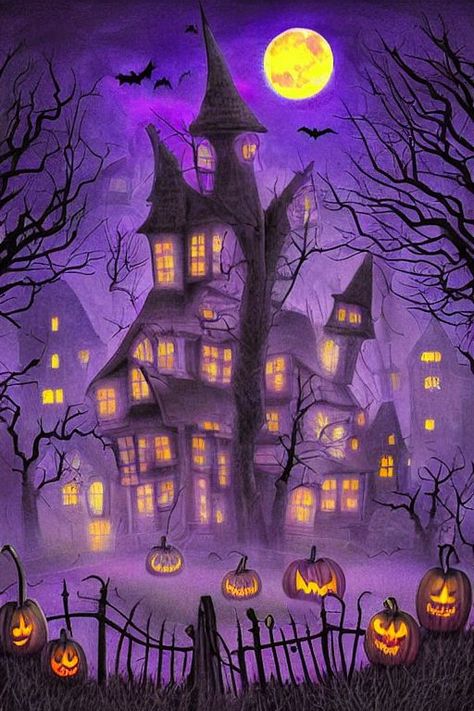 Halloween Town Drawings, Halloween Scenes Pictures, Witch Architecture, Halloween Screensavers, Haunted Art, Cutesy Halloween, Autumnal Aesthetic, Halloween Nostalgia, Profile Cover