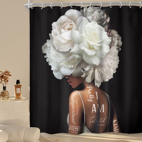 PRICES MAY VARY. 【Material and Size】: Polyester fabric, 72 inches long x 60 inches wide. 【Design】: Black girl Theme, black girlpattern,modern. 【What' s Included】: One shower curtain and 12-pack plastic shower hooks. 【Function】: Bathroom home decor and eco-friendly. 【Maintenance】: Machine washable in cold water, low tumble dry. This high quality shower curtain is designed into black girl, made of waterproof polyester fabric, material is eco-friendly.  Material and Size: Polyester waterproof fabri Black And White Decor Bathroom Ideas, Rose Bathroom Decor, Black Shower Curtain Bathroom, Black Bathroom Decor Ideas, Rose Bathroom, Elegant Shower Curtains, Curtains White, Black Bathroom Decor, Bathroom Towel Decor