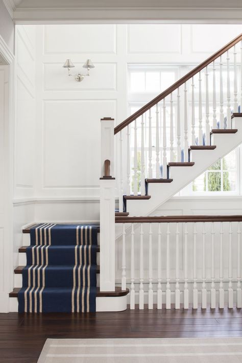 Navy and white striped stair runner. Staircase Window, Striped Stair Runner, Striped Rugs, Hamptons Beach House, Florida Furniture, Stair Ideas, Staircase Runner, Kitchens Cabinets, Hallway Entrance