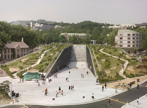 Ewha Womans University, Ramps Architecture, Landscaping A Slope, University Architecture, Urban Landscape Design, Plans Architecture, Landscape Architecture Design, Sky Garden, Education Architecture