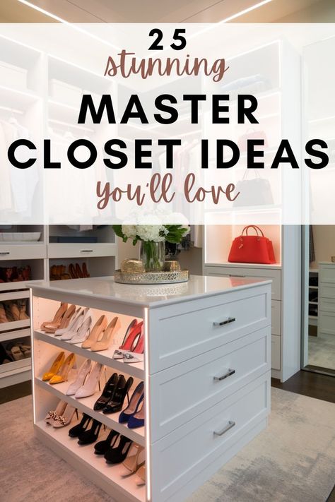 Explore 25 inspiring master closet designs that combine style and practicality to create your dream wardrobe space. Redo Master Closet, Master Bedrooms With Built In Closets, Closet Drawers Organization, Bedroom Open Closet Ideas, Making A Bedroom Into A Closet, Jewelry Organizer In Closet, Built In Walk In Closet, Built In Vanity In Closet, Master Closet Lighting