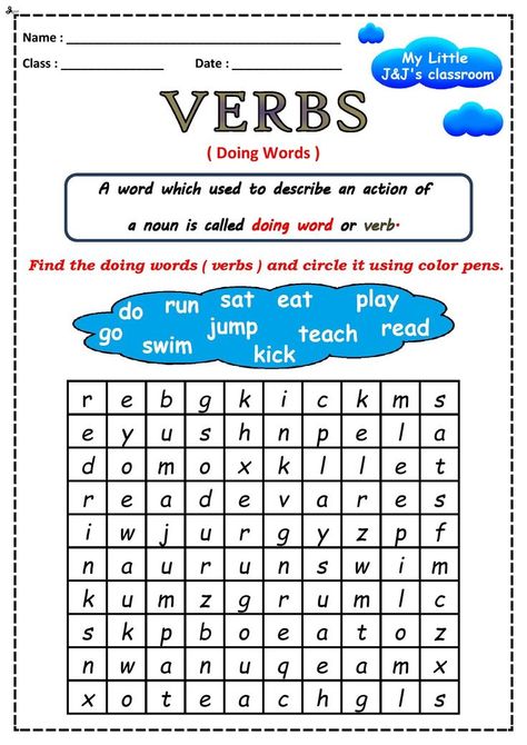 printable verbs worksheet # English doing words worksheet for primary grade. Subject And Verbs Worksheet, Doing Words Worksheet, Verbs Worksheet For Grade 1, Action Words Worksheet, Action Verbs Worksheet, English Subject, Verbs Worksheet, Easy Word Search, Verb Practice