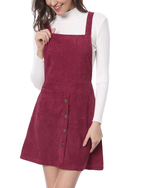 Women's Corduroy Button Decor A Line Suspender Overall Skirt Dress #Ad #Button, #Sponsored, #Decor, #Women Pinafore Skirts, Corduroy Overall Dress, Button Decor, Overall Skirt, Maxi Dress Outfit, Fall Dress Outfit, Suspender Skirt, Corduroy Dress, Suspender Dress