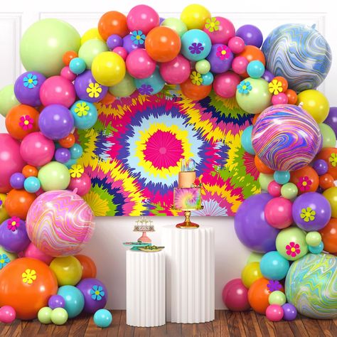 PRICES MAY VARY. 162 PCS Tie Dye Party Decorations - Our 162-piece set includes 134 latex balloons in various sizes, 4 large tie dye foil balloons, a vibrant backdrop, 20 flower cutouts, 100 dots, 1 ribbon, and 1 balloon arch strip. With this all-inclusive collection, you'll have everything you need to create a visually stunning tie dye atmosphere for your tie dye birthday party or any other celebration. Inspire Creativity and Engagement - Designed to ignite the creativity of kids interested in Tie Dye Party Decorations, Rainbow Birthday Decorations, Tie Dye Birthday Party, Balloon Rainbow, 9th Birthday Cake, Tie Dye Decorations, Tie Dye Birthday, Dye Art, Balloon Arch Kit