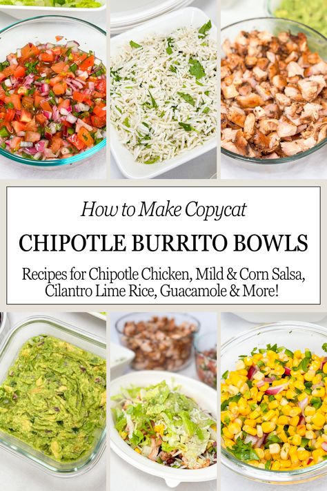 Tonight, stay in and build your own Chipotle Burrito Bowl with the copycat recipes you know and love. Fluffy rice, black beans, tender chicken, mild & corn salsa, and lots of guacamole. Chipotle Rice Bowl Copycat, Build Your Own Chipotle Bowl, Diy Chipotle Burrito, Chipotle Bowl Recipe Healthy, Healthy Chipotle Bowl At Home, Chipotle Steak Copycat Recipes, Chipotle Burrito Recipe, Copycat Chipotle Recipes, Chipotle Copycat Recipes Bowls