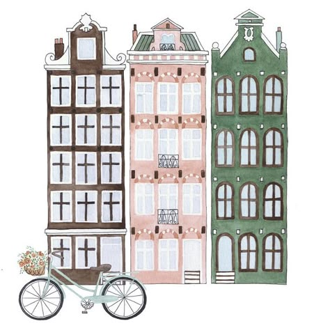 Amsterdam Illustration, Amsterdam Painting, Bicycle Flowers, Watercolor House Painting, Amsterdam Art, Amsterdam Houses, Building Illustration, House Illustration, House Drawing