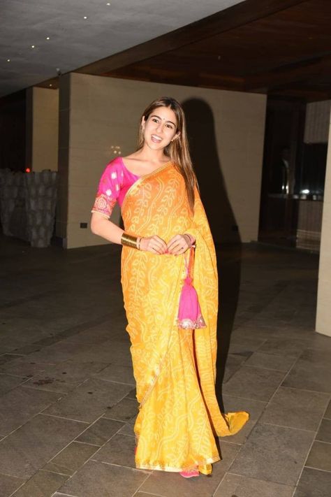 Desi Look, Hot Pink Blouse, Hot Pink Blouses, Yellow Suit, Orange Saree, Plain Saree, Desi Clothes, Dress Neck Designs, Sara Ali Khan