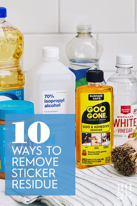 Follow these tips to learn how to get sticker residue off glass, plastic, wood, and even clothing using products you have around the house to safely soften and remove the stuff. #removestickerresidue #stickerresidue #stickerresidueglass #stickerremoval #cleaningtips  #bhg Remove Tape Residue, Get Stickers Off, How To Remove Adhesive, Remove Sticky Labels, Remove Sticker Residue, Remove Sticky Residue, Childrens Stickers, How To Remove Glue, Sticky Labels