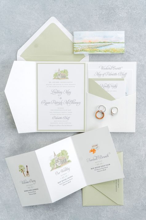 Want to keep all of your wedding paper in one tidy package? Try a folder! The pocket holds all of your inserts while the middle panel keeps your invitation front & center! . . #weddingstationery #customstationery #charlestonwedding #charlestonbride #lowcountrywedding #invitationsuite #customweddingpaper #weddingpaper #stationery #weddinginvitations #invitations #southernwedding #weddingideas #southerncharm #dreamwedding #brides #personalizedstationery #palmettobluffwedding #mayriverchapel Southern Wedding Invitations, Palmetto Bluff Wedding, Wedding Invitation Pocket, Bluff Wedding, Invitation Pocket, Charleston Bride, Palmetto Bluff, Lowcountry Wedding, Pocket Invitation