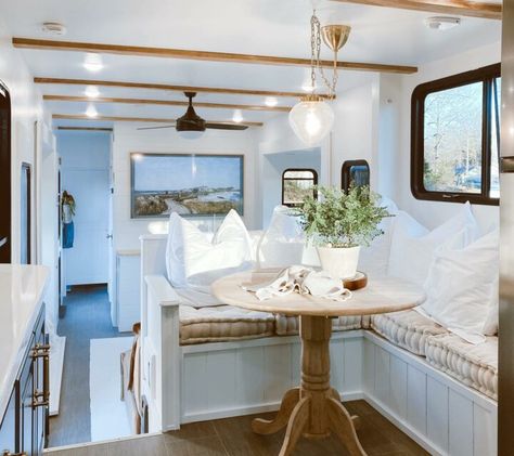 Rv Remodel Ideas, Breakfast Nook With Storage, Pottery Barn Couch, Built In Breakfast Nook, Rv Inspiration, Dining Booth, Interior Light Fixtures, Diy Camper Remodel, Kitchen Floor Plans