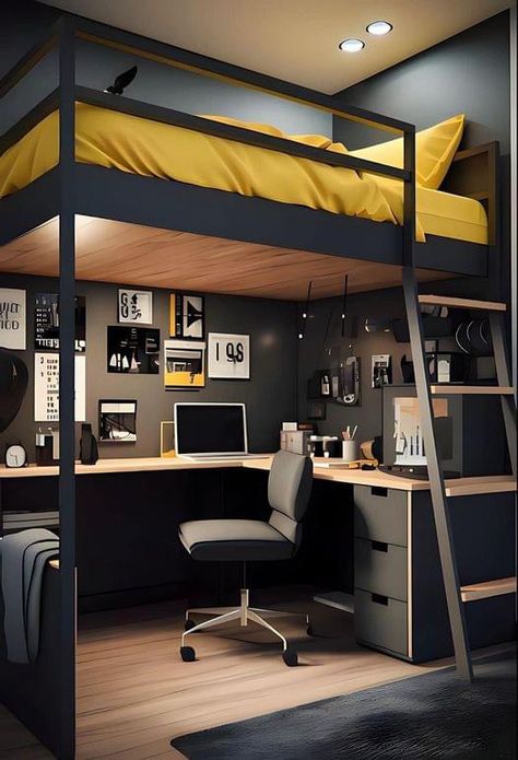 Loft Beds For Small Rooms, A Loft Bed, Small Room Makeover, Loft Style Bedroom, Beds For Small Rooms, Loft House Design, Boys Bedroom Makeover, Bed With Desk, Bed In Closet Ideas