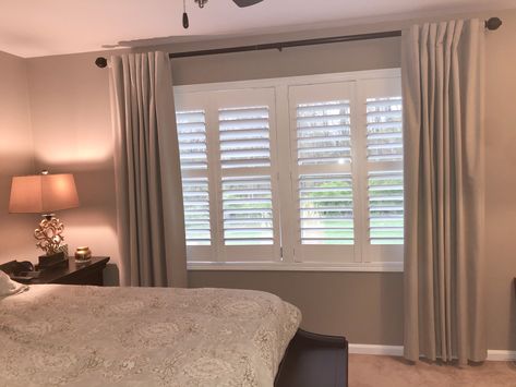 Window Shutters With Curtains, Curtains Over Shutters Bedrooms, Shutters And Curtains Together, Curtains Over Shutters, House Wall Ideas, Norman Shutters, Shutters With Curtains, Master Beds, Bedroom Shutters