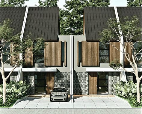 Small Cluster House Design, Subdivision House Design, Urban Tropical House, Facade Tropical House, Modern Japanese Townhouse, Small Modern Townhouse, Tropical Facade Design, Rural Modern House, Townhouse Facade Design