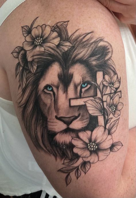 Lion Tattoo With Cross For Women, Lion And Cross Tattoo For Women, Lion With Crown Of Thorns Tattoo, Side Calf Tattoos For Women Calves, Christian Couples Tattoos, Trust God Tattoos For Women, Christian Leg Tattoos Women, Christian Lion Tattoo For Women, Lion Hip Tattoos Women