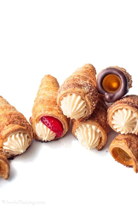 Cannoncini - Cream Filled Puff Pastry Cones - Wheel of Baking Puff Pastry Cones, Cream Filled Puff Pastry, Pastry Horns, Filled Puff Pastry, Cannoli Recipes, Cream Horn, Cream Horn Molds, Cherry Bread, Puff Pastry Cream Puffs