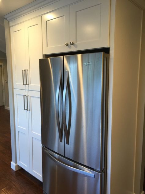 pantry wall next to fridge Storage Next To Fridge, Renovation Must Haves, Cabinets Around Fridge, Pantry Wall, Diy Pantry, Kitchen Pantry Cabinets, New Kitchen Cabinets, Kitchen Plans, Kitchen Redo