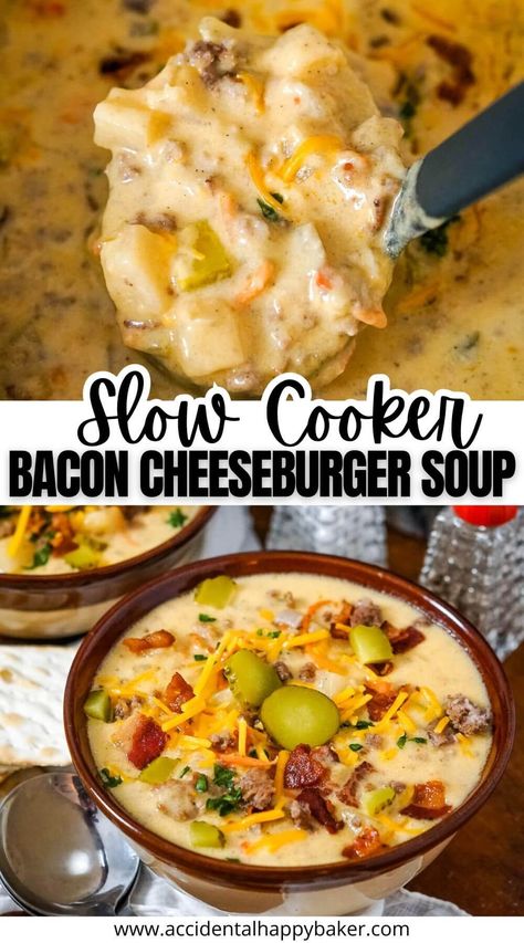 This easy cheesy Slow Cooker Bacon Cheeseburger Soup is so simple to make! Only 3 steps to a comforting and creamy soup that’s full of hamburger, bacon, cheese, and potatoes. Cheeseburger Soup Crockpot, Hamburger Potato Soup, Cheesy Soup, Slow Cooker Bacon, Beef Potatoes, Bacon Cheeseburger Soup, Cheese Burger Soup Recipes, Bacon Soup, Hamburger Soup